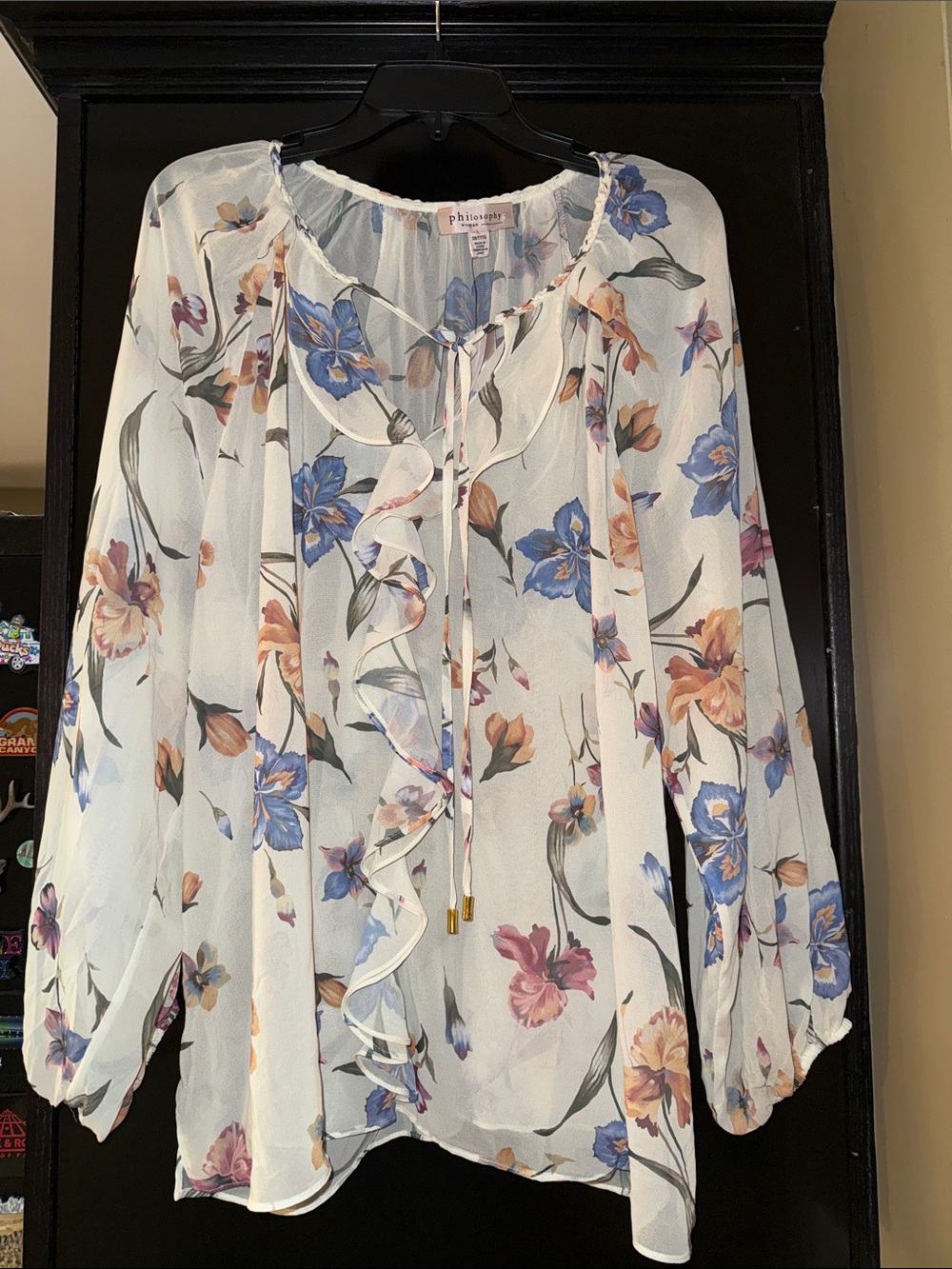 Philosophy Sheer Floral Ruffle Tie-Neck Blouse in White w Blue & Peach Blooms 3x